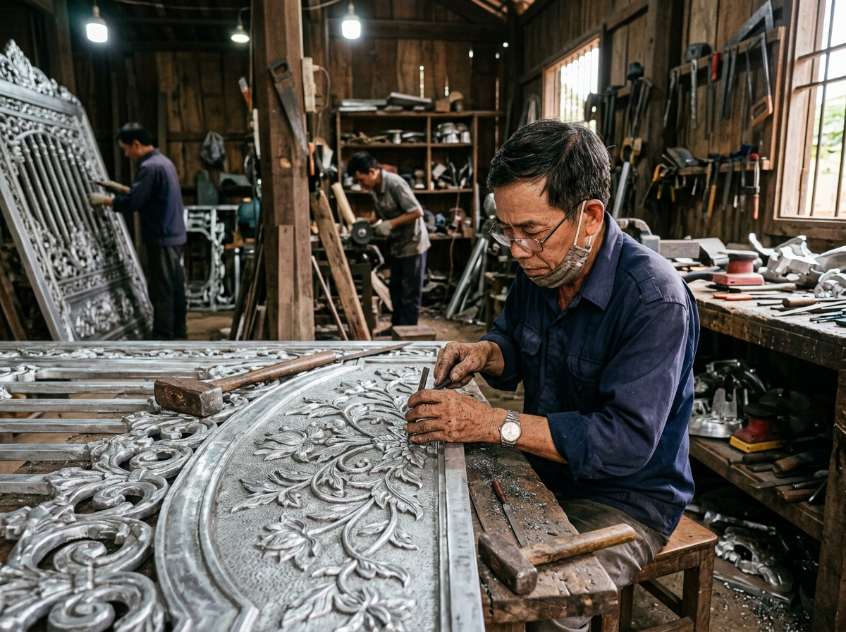 Thợ thủ công chạm khắc hoa văn nhôm đúc tại Hải Hậu
